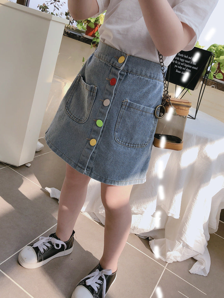 Girls' single row colorful buttoned handsome denim skirt