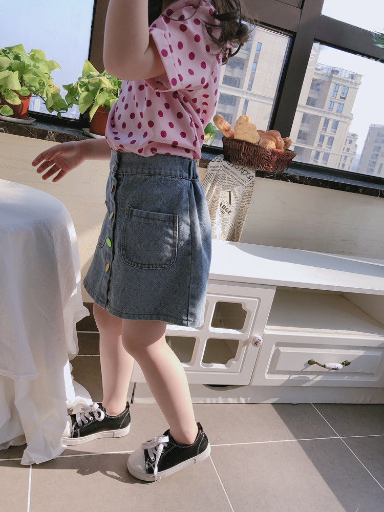 Girls' single row colorful buttoned handsome denim skirt