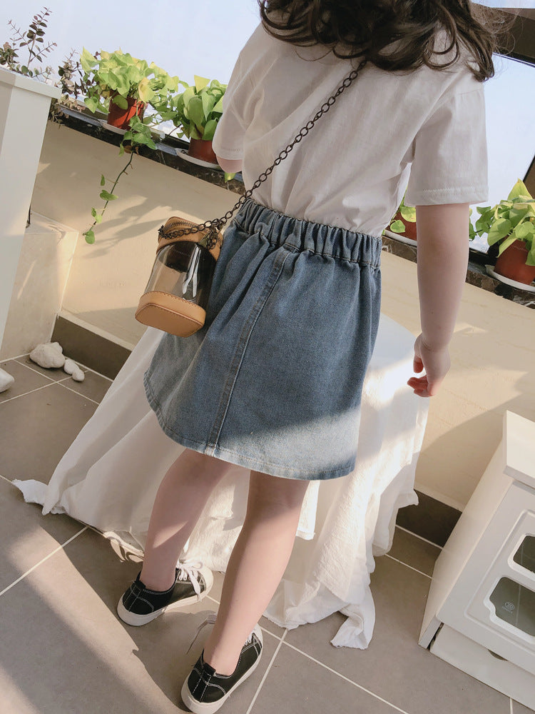 Girls' single row colorful buttoned handsome denim skirt