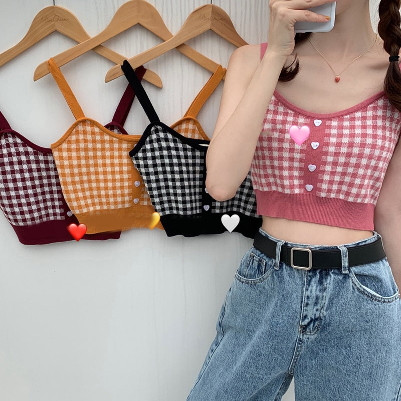 Girl Crop Top Women Plaid Buttons Spaghetti Camis Club Sexy Slim Knitting Female Tank Tops Ladies Sleeveless Solid Simple