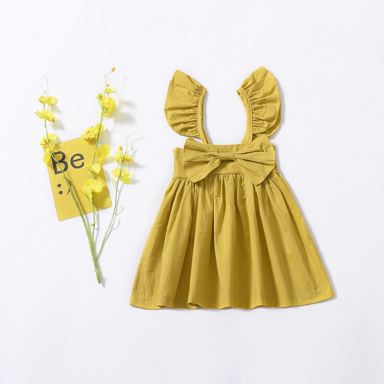 Summer Cotton Baby Girls Dress Infant Girl Baby Flying Sleeves Bowknot Sleeveless Dress Princess Dresses Casual Clothes 0-3Y