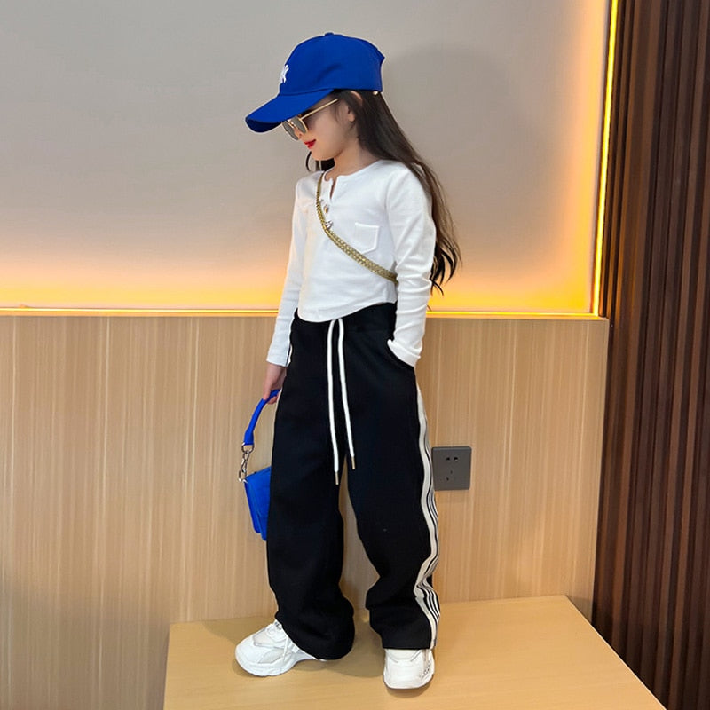 Spring Autumn Girls Pants Baby Trousers Kids Sweat Pants For Toddler Children Pants Fashion Striped Wide Leg 5-13Y