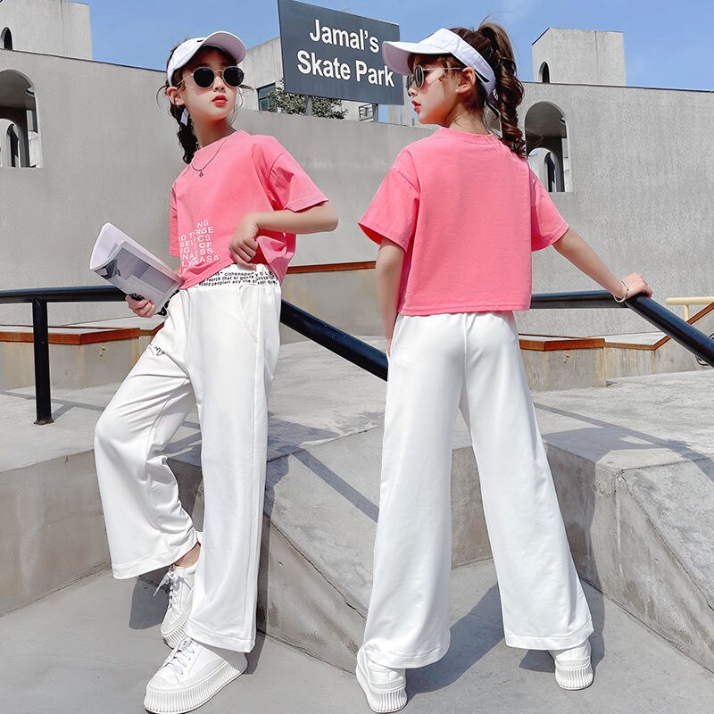 Summer Kids Teenager Track suit 5 6 7 8 9 10 11 12 13 14 Years Baby Girls Clothes Set Child Tops T Shirt + Sweat suit Pant