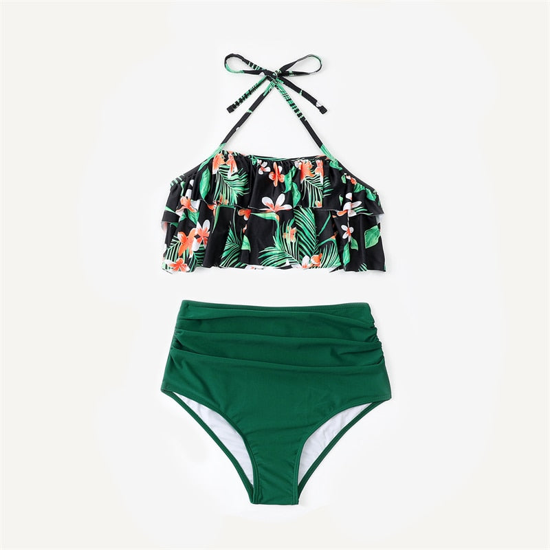 Family Look Flower Mother Daughter Matching Swimsuits Ruffled Mommy and Me Bikini Dresses Clothes Highwaist Women Girls Swimwear