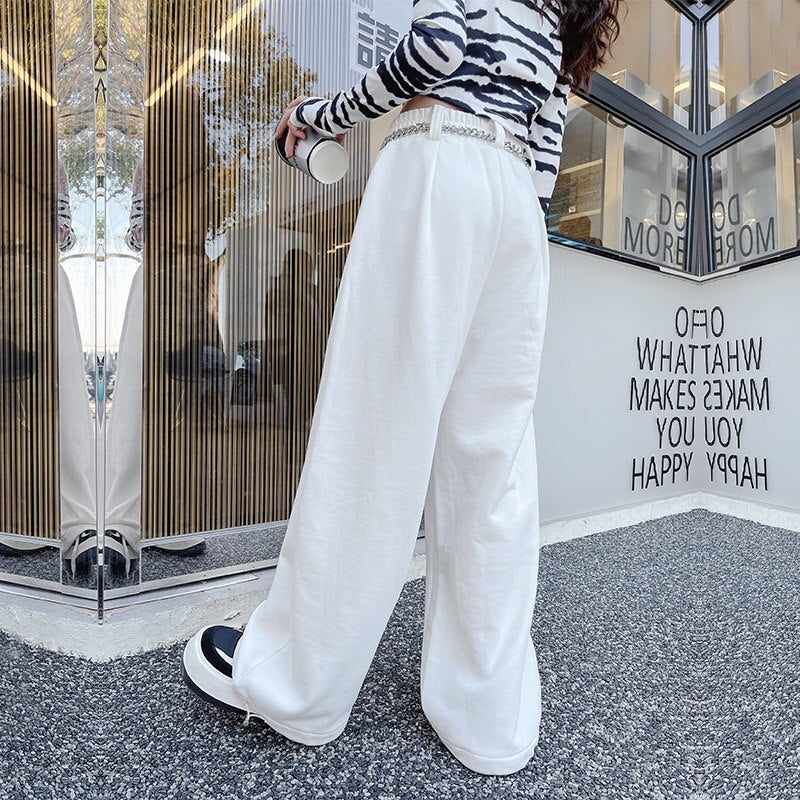 White Cargo Pants for Teenage Girls New Fashion Summer Streetwear Hip Hop Sweat Pants With Chain for Girls 6 8 10 12 14 Year Old