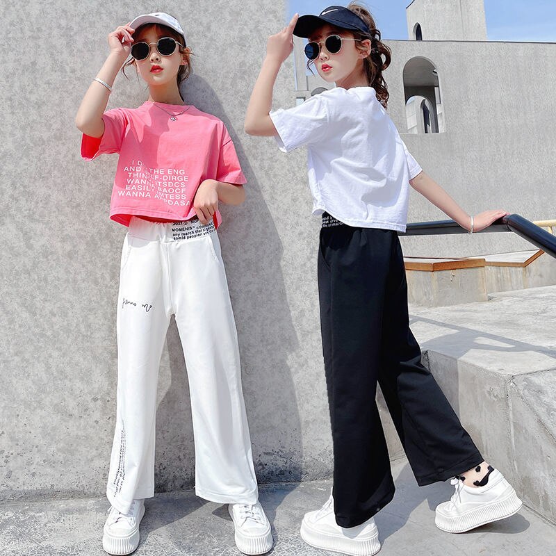 Summer Kids Teenager Track suit 5 6 7 8 9 10 11 12 13 14 Years Baby Girls Clothes Set Child Tops T Shirt + Sweat suit Pant