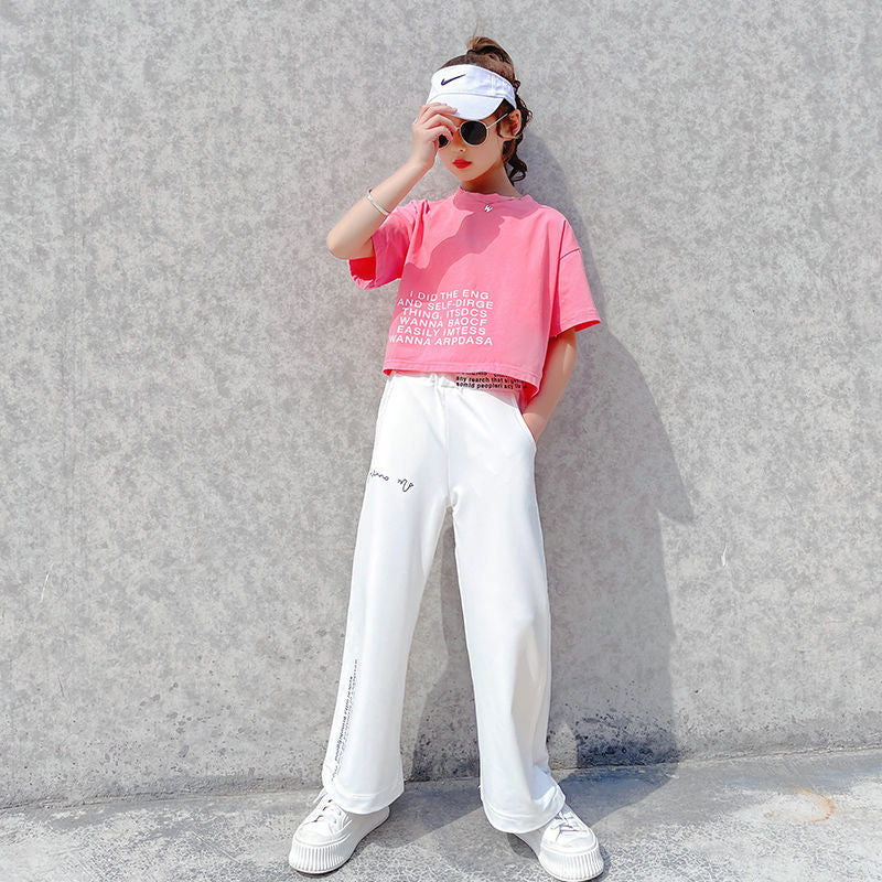 Summer Kids Teenager Track suit 5 6 7 8 9 10 11 12 13 14 Years Baby Girls Clothes Set Child Tops T Shirt + Sweat suit Pant