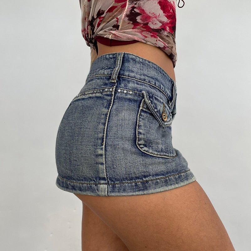 Vintage Diamonds Denim Mini Skirts Y2K Aesthetic Kawaii Low Rise Skinny Wrap Bodycon Jeans Penceil Skirt Women Streetwear