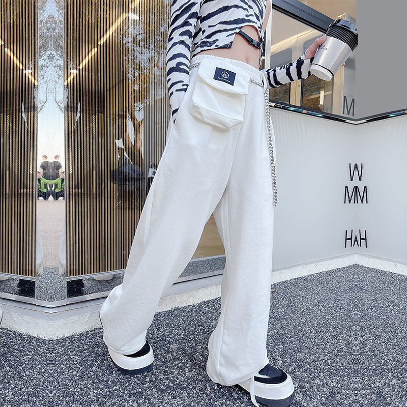 White Cargo Pants for Teenage Girls New Fashion Summer Streetwear Hip Hop Sweat Pants With Chain for Girls 6 8 10 12 14 Year Old