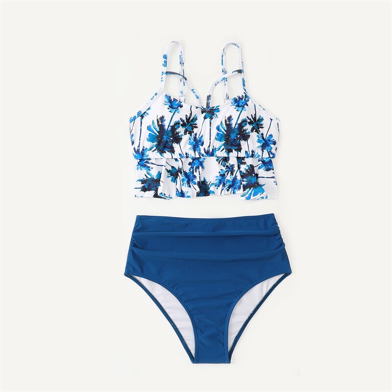 PalmTree Mother Daughter Matching Swimsuits Family Set Ruffled Mommy and Me Dresses Clothes HighWaist Women Girls Swimwear 2023