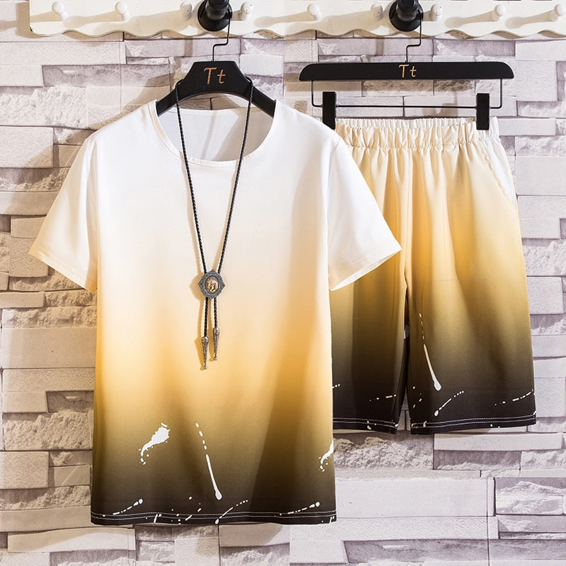 Men's Suit Gradient Summer Short Sleeve T-Shirt Set Fashion 2 Piece Streetwear 3D Printed Sports Beach Shorts Sportswear Men's