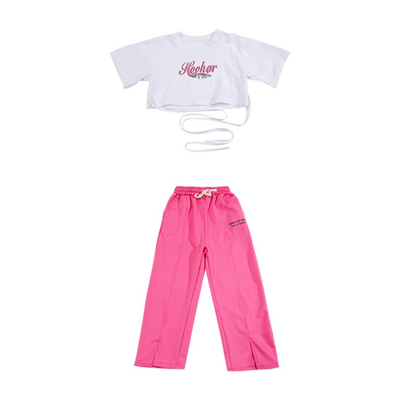 Kid Kpop Hip Hop Clothing Criss Cross Tie Crop Top T Shirt Tee Streetwear Split Sweat Pants for Girls Jazz Dance Costume Clothes