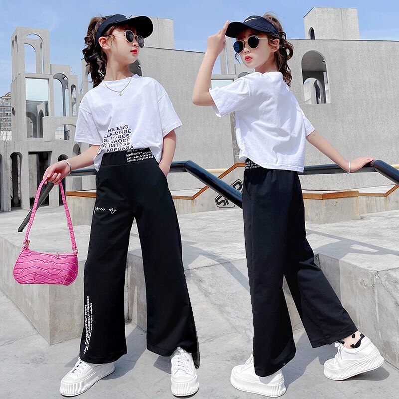 Summer Kids Teenager Track suit 5 6 7 8 9 10 11 12 13 14 Years Baby Girls Clothes Set Child Tops T Shirt + Sweat suit Pant