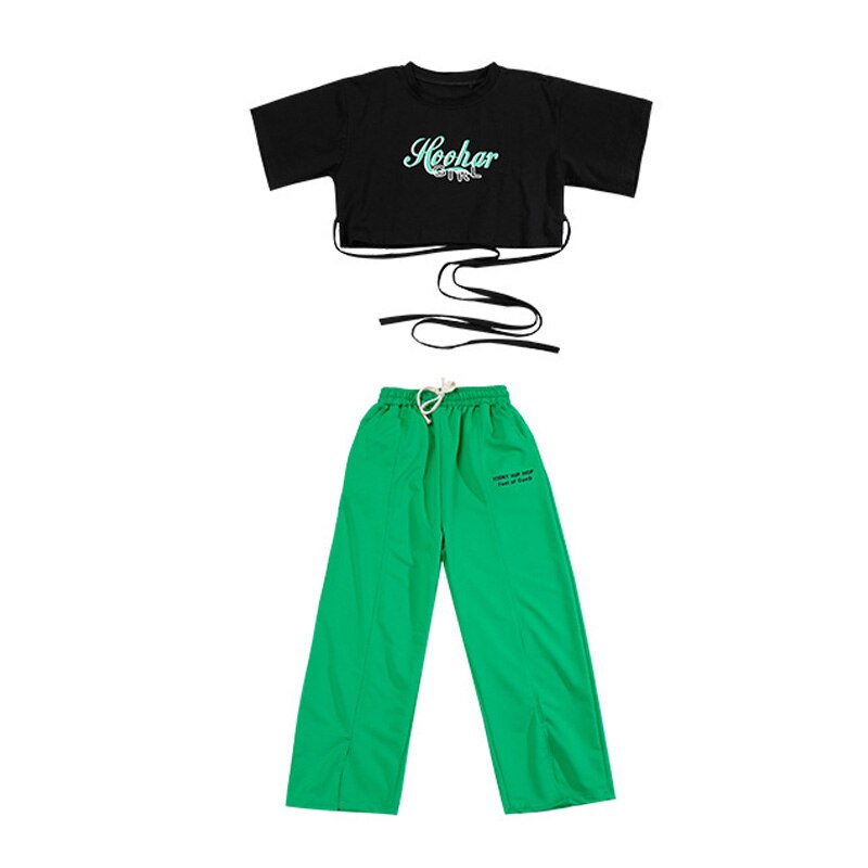 Kid Kpop Hip Hop Clothing Criss Cross Tie Crop Top T Shirt Tee Streetwear Split Sweat Pants for Girls Jazz Dance Costume Clothes