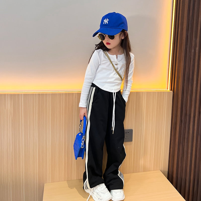 Spring Autumn Girls Pants Baby Trousers Kids Sweat Pants For Toddler Children Pants Fashion Striped Wide Leg 5-13Y