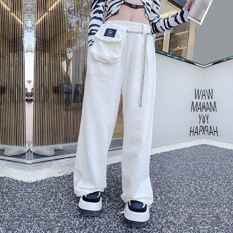 White Cargo Pants for Teenage Girls New Fashion Summer Streetwear Hip Hop Sweat Pants With Chain for Girls 6 8 10 12 14 Year Old