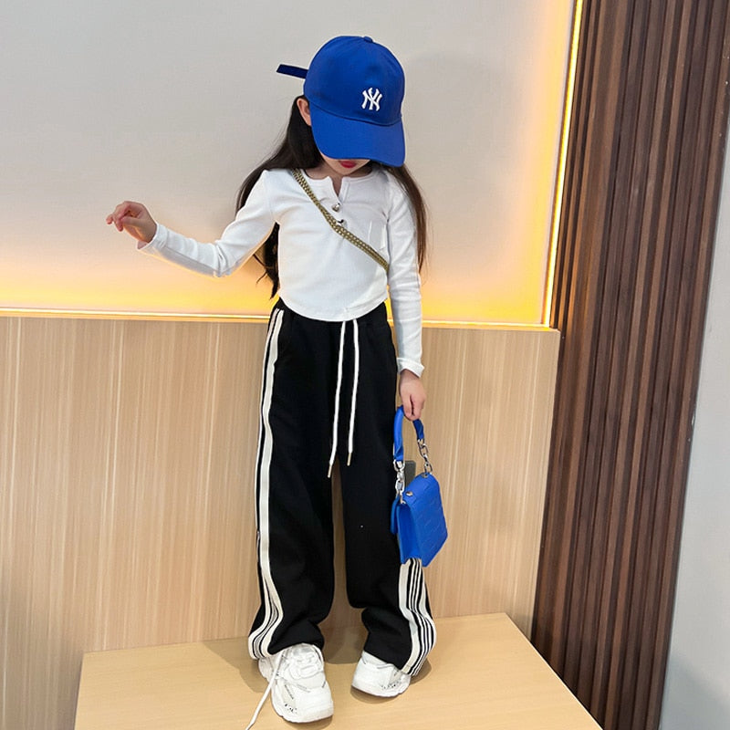Spring Autumn Girls Pants Baby Trousers Kids Sweat Pants For Toddler Children Pants Fashion Striped Wide Leg 5-13Y