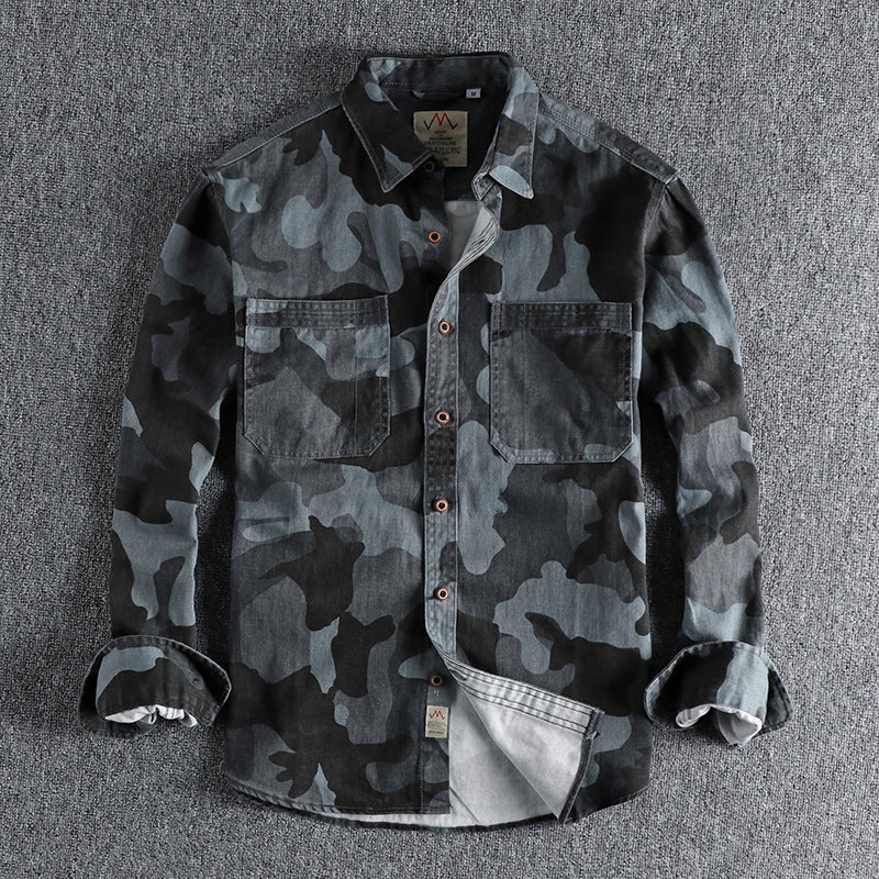 Washed Old Twill Woven Cotton Long-sleeved Shirt Men's Casual All-matching