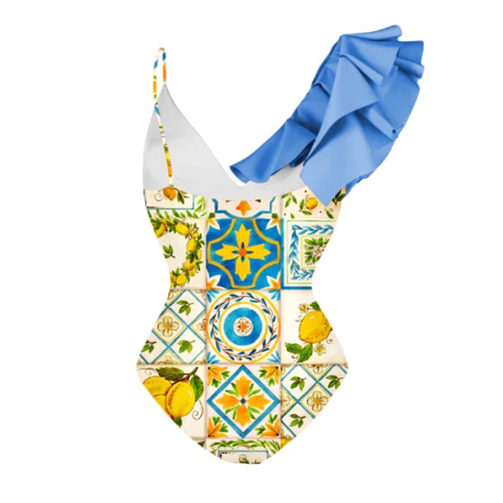 Female Retro Swimsuit & Skirt Asymmetrical Holiday Beach Dress Designer Bathing Suit Vintage Summer Surf Wear