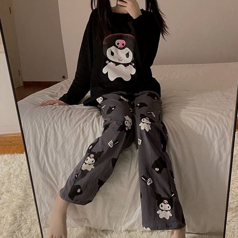 Kawaii Sanrio Kuromi New Autumn Kawaii Two Piece Pajamas Soft Home Wear Outgoing Girl Christmas Birthday Gift Clothes