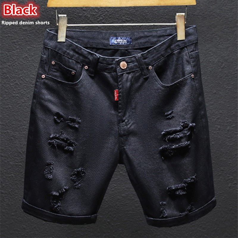 Summer Denim Off White Shorts Ripped Holes Black Half Jean Boys Scratched Distressed Plus Size 38 40 42 Trousers