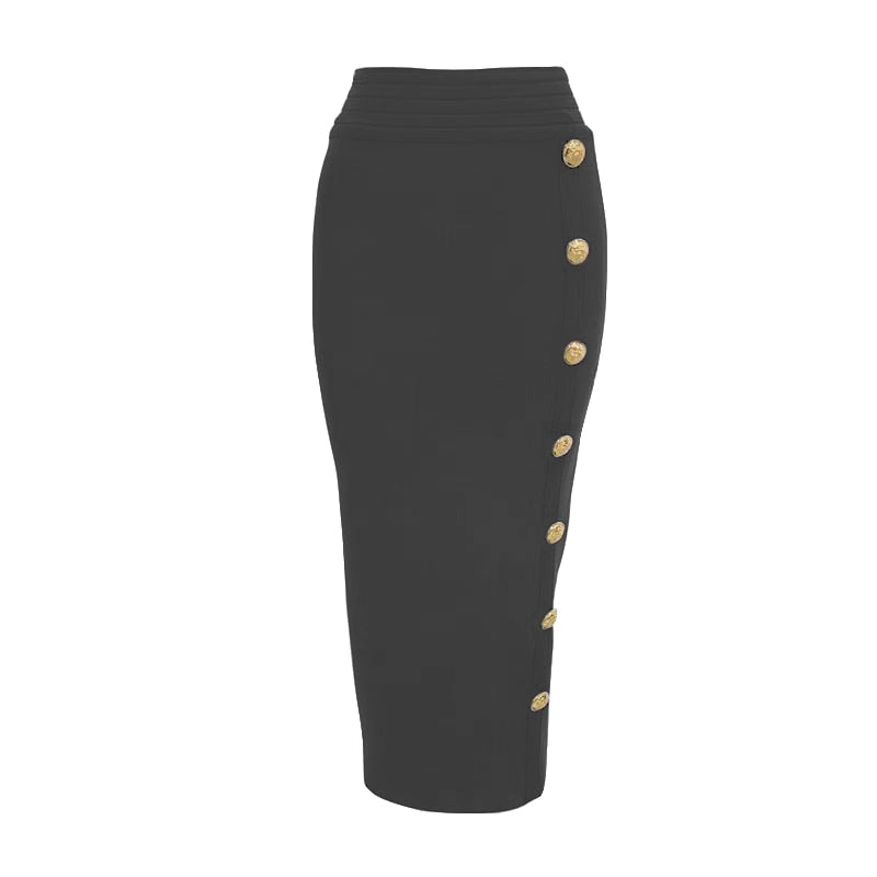 New Arrival Women Button Black Blue Red Bodycon Bandage Skirt Designer High Waist High Street Party Club Pencil Skirt 75cm