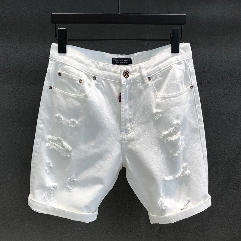 Summer Denim Off White Shorts Ripped Holes Black Half Jean Boys Scratched Distressed Plus Size 38 40 42 Trousers