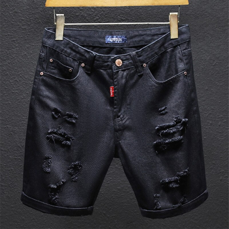 Summer Denim Off White Shorts Ripped Holes Black Half Jean Boys Scratched Distressed Plus Size 38 40 42 Trousers