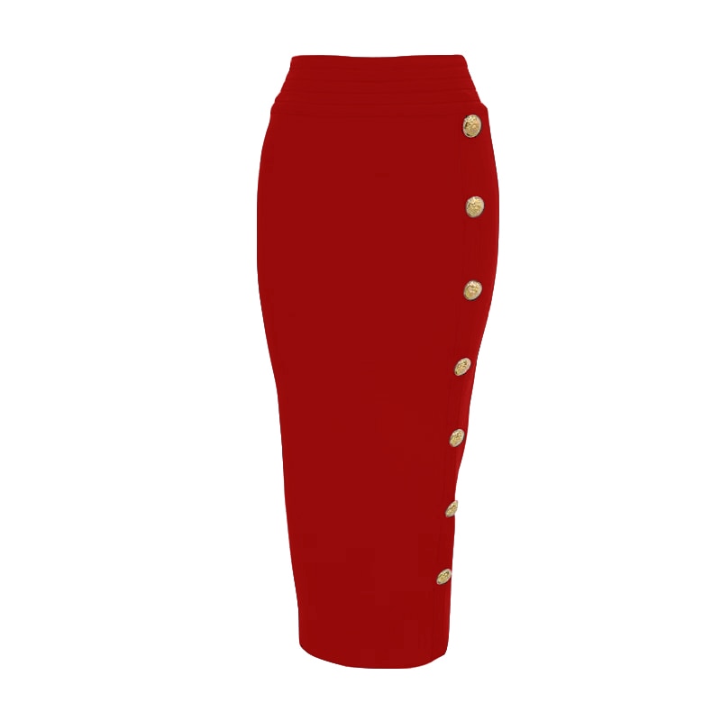 New Arrival Women Button Black Blue Red Bodycon Bandage Skirt Designer High Waist High Street Party Club Pencil Skirt 75cm