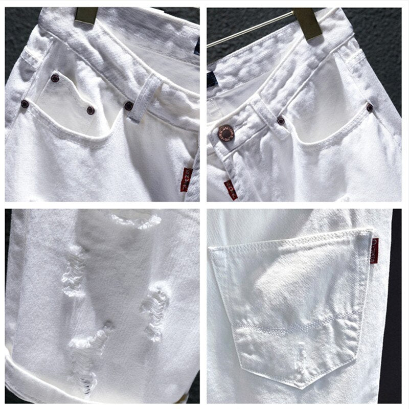 Summer Denim Off White Shorts Ripped Holes Black Half Jean Boys Scratched Distressed Plus Size 38 40 42 Trousers