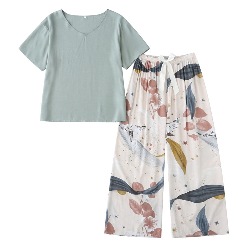 Breathable 2PCS Pajama Short Sleeve Printed Pijama Mujer Femme Loose Nightwear Suit Female Casual Homewear Pajama Set For Women