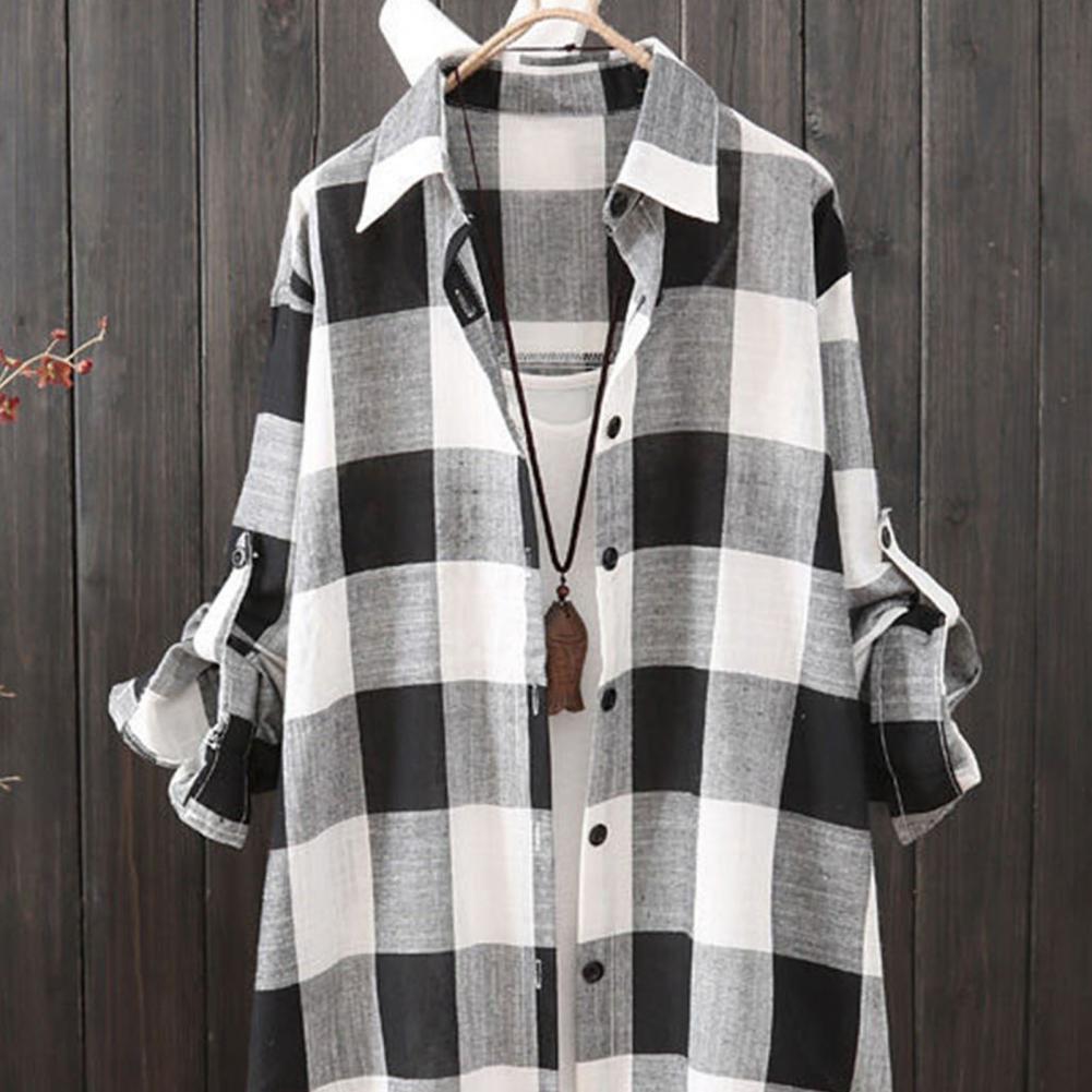 Women Shirt Dress Turn-Down Collar Roll-up Sleeve Buttons Closure Sunscreen Shirt Plaid Print Mid-Length Loose Female Clothing