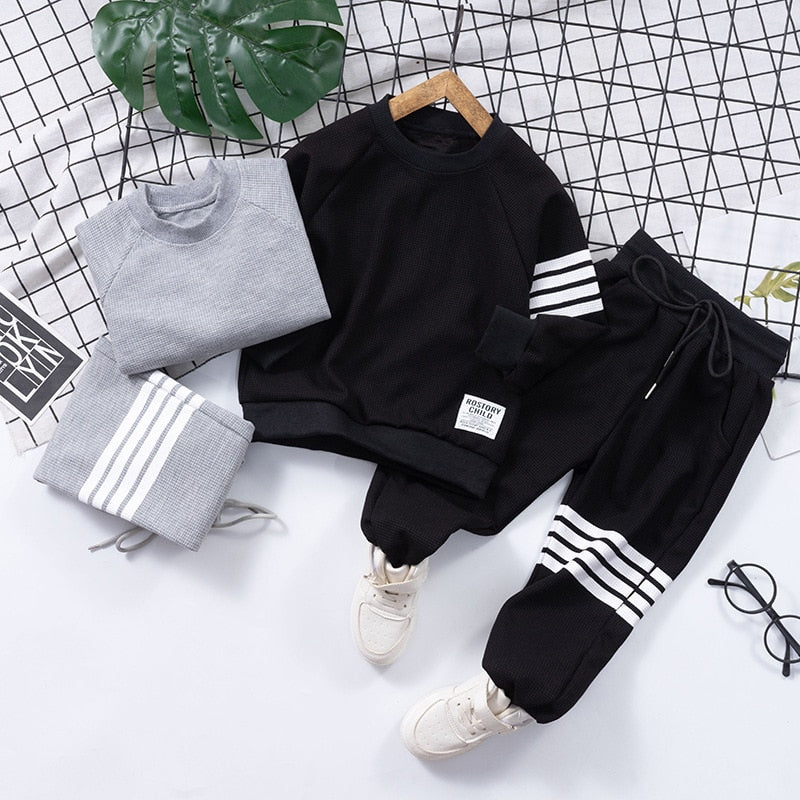 Spring Striped Baby Boys Workout Sweatshirt + Drawstring Sweatpant Sets Kids Tracksuit Child Jumper Pant Jogger Set 2-11 Years