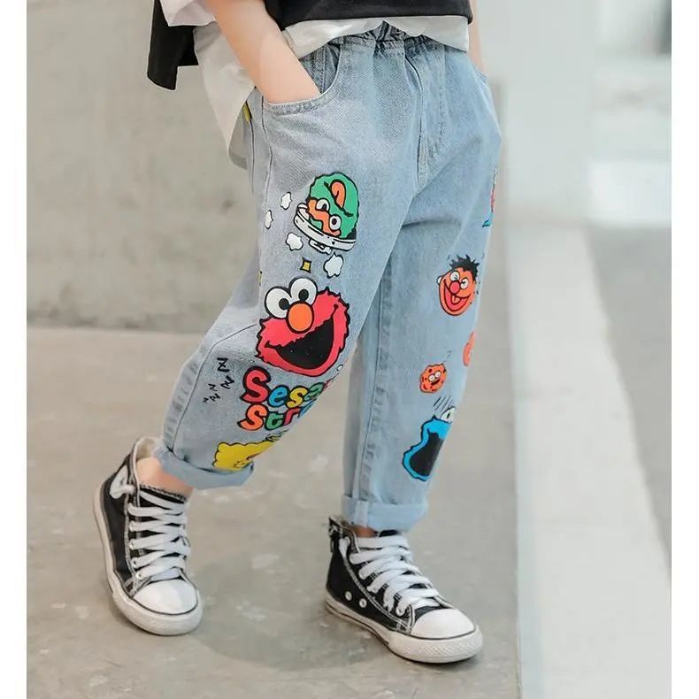 Boys Jeans Spring and Autumn New Funny Head Medium and Big Childrens Casual Children's Clothing Spring Loose Long Pants