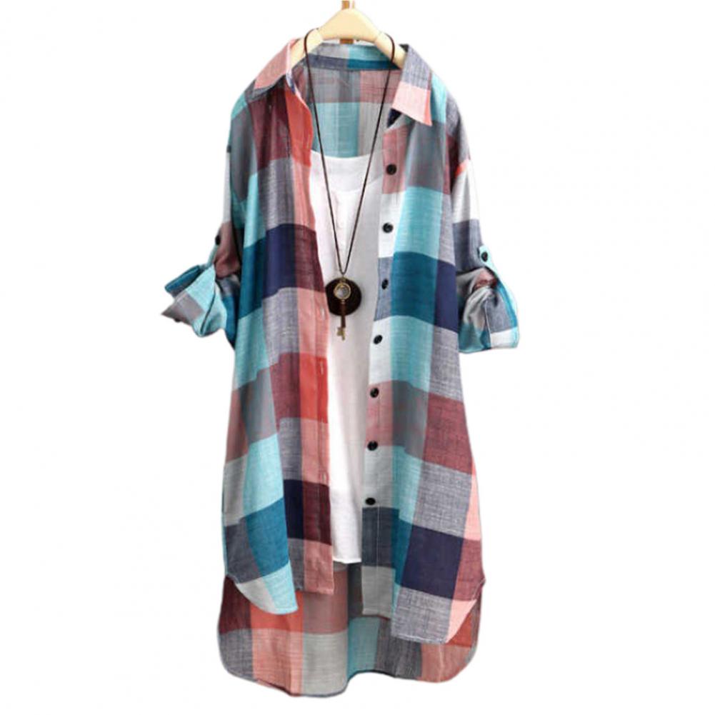 Women Shirt Dress Turn-Down Collar Roll-up Sleeve Buttons Closure Sunscreen Shirt Plaid Print Mid-Length Loose Female Clothing