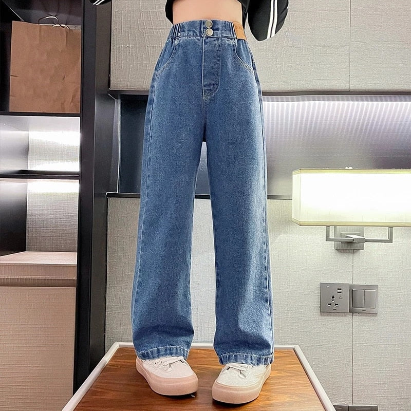 Girls Jeans Autumn New 2023 Loose Straight Pants for Children 12 13 14 Years Blue Teenage School Kids Casual Denim Trousers