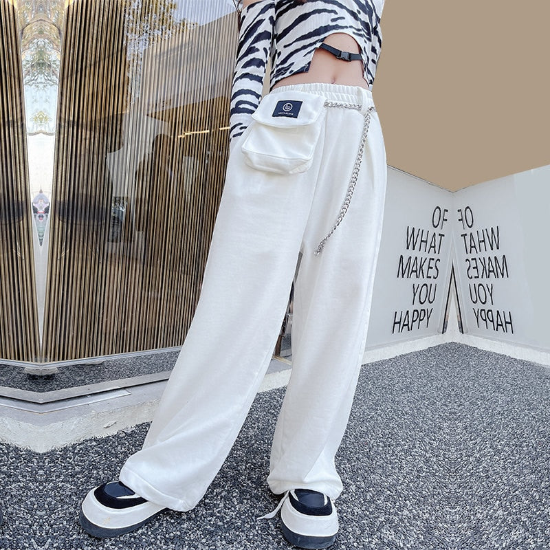 White Cargo Pants for Teenage Girls New Fashion Summer Streetwear Hip Hop Sweat Pants With Chain for Girls 6 8 10 12 14 Year Old