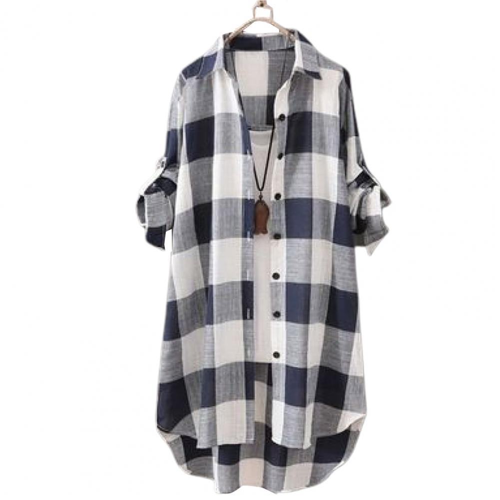Women Shirt Dress Turn-Down Collar Roll-up Sleeve Buttons Closure Sunscreen Shirt Plaid Print Mid-Length Loose Female Clothing