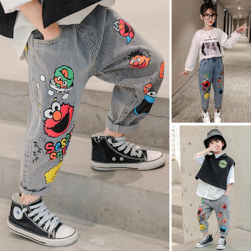 Boys Jeans Spring and Autumn New Funny Head Medium and Big Childrens Casual Children's Clothing Spring Loose Long Pants