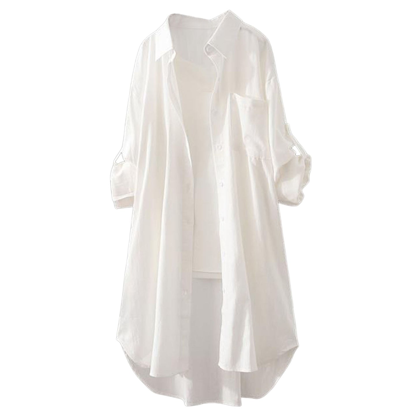 Women Shirt Dress Turn-Down Collar Roll-up Sleeve Buttons Closure Sunscreen Shirt Plaid Print Mid-Length Loose Female Clothing