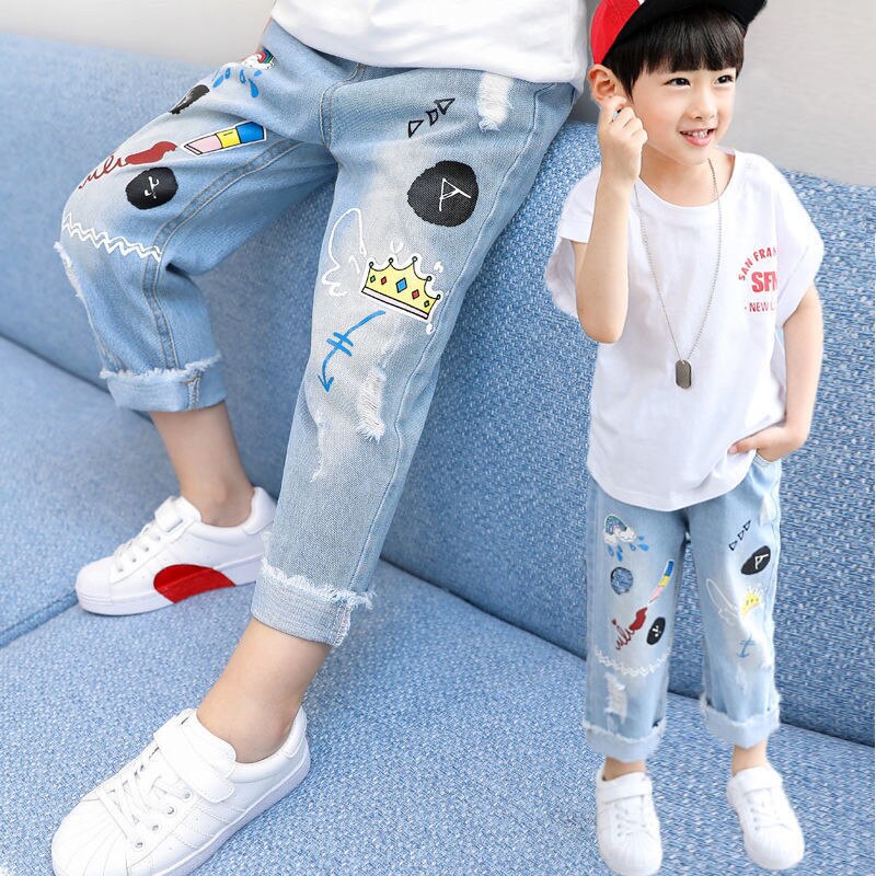 Boys Jeans Spring and Autumn New Funny Head Medium and Big Childrens Casual Children's Clothing Spring Loose Long Pants