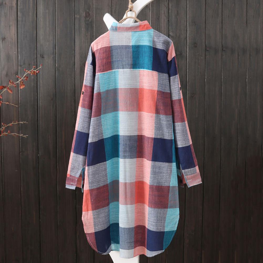 Women Shirt Dress Turn-Down Collar Roll-up Sleeve Buttons Closure Sunscreen Shirt Plaid Print Mid-Length Loose Female Clothing