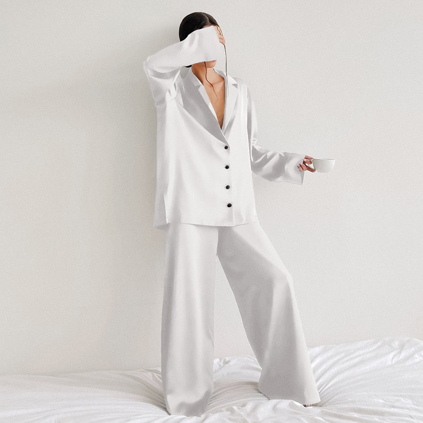 Hiloc Oversized Satin Silk Sleepwear Low Cut Sexy Pajamas For Women Single-Breasted Long Sleeves Wide Leg Pants Trouser Suits