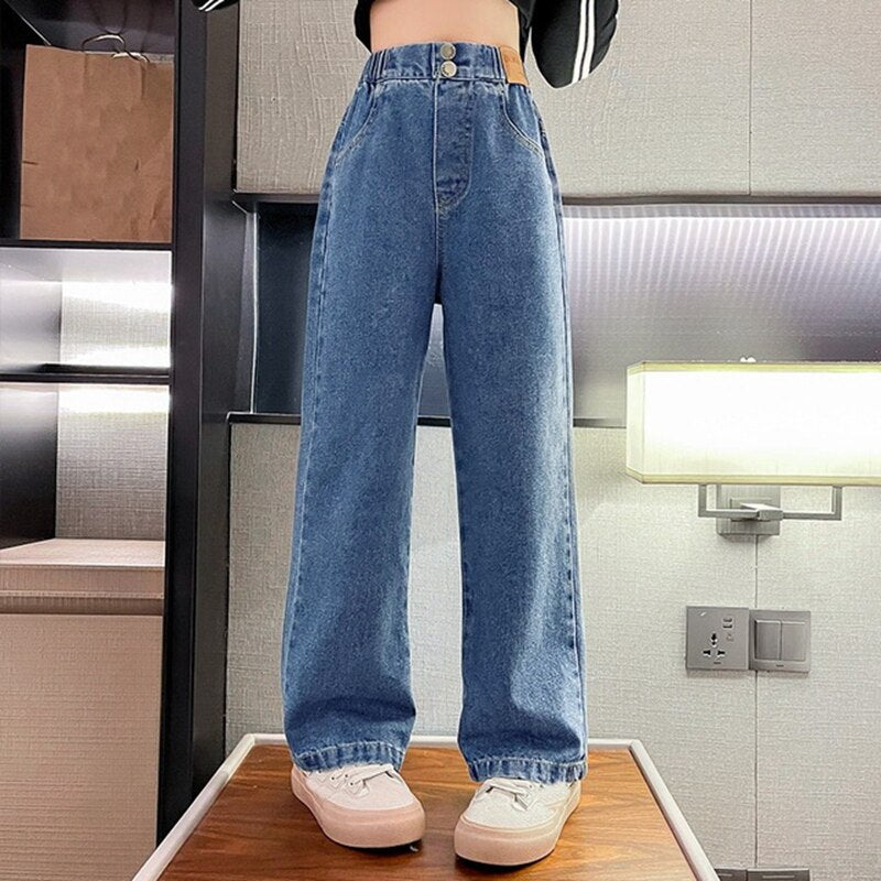 Teenage Student Girls Jeans Spring Kids Denim Pants Casual Jeans for Girls 6 8 10 12 14 Years Elastic Waist Children Trousers
