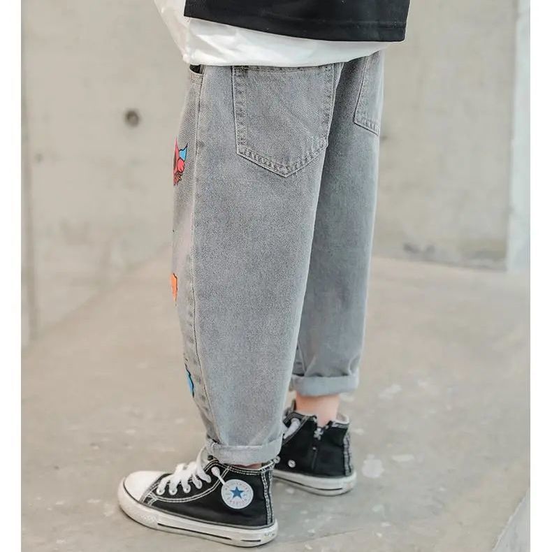 Boys Jeans Spring and Autumn New Funny Head Medium and Big Childrens Casual Children's Clothing Spring Loose Long Pants