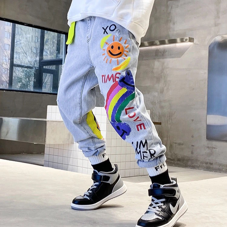 Boys Jeans Spring and Autumn New Funny Head Medium and Big Childrens Casual Children's Clothing Spring Loose Long Pants