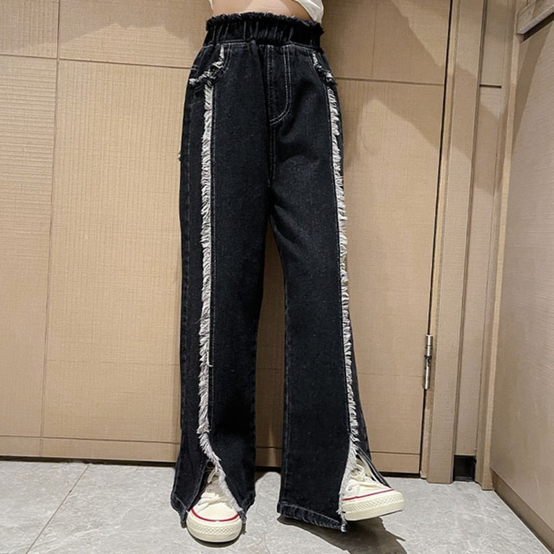 Teenage Student Girls Jeans Spring Kids Denim Pants Casual Jeans for Girls 6 8 10 12 14 Years Elastic Waist Children Trousers