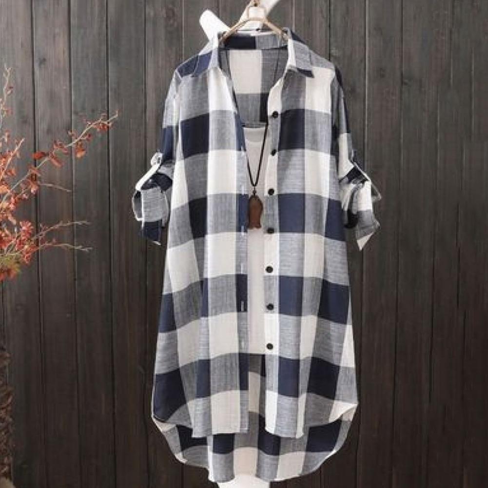Women Shirt Dress Turn-Down Collar Roll-up Sleeve Buttons Closure Sunscreen Shirt Plaid Print Mid-Length Loose Female Clothing