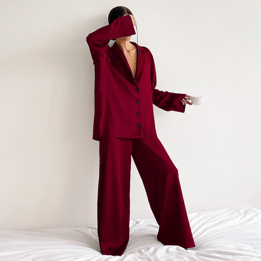 Hiloc Oversized Satin Silk Sleepwear Low Cut Sexy Pajamas For Women Single-Breasted Long Sleeves Wide Leg Pants Trouser Suits