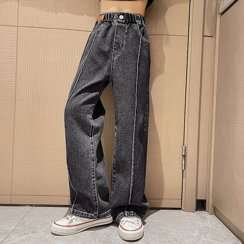Teenage Student Girls Jeans Spring Kids Denim Pants Casual Jeans for Girls 6 8 10 12 14 Years Elastic Waist Children Trousers